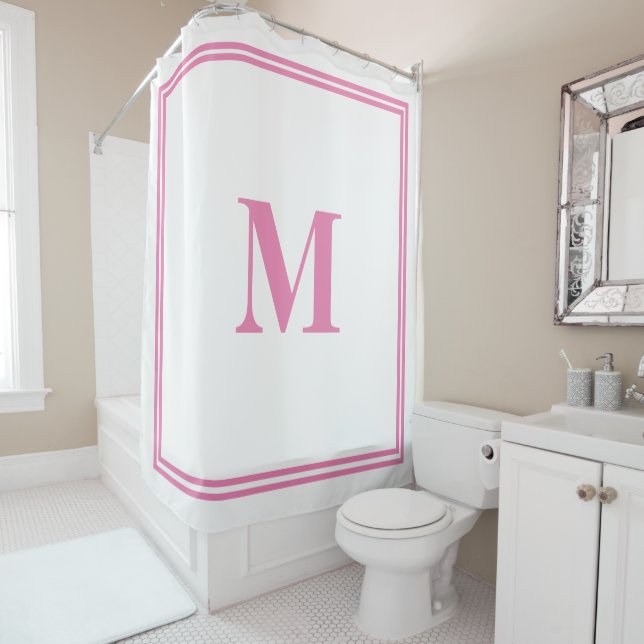 Pink White Monogram Initial Custom Name Striped Shower Curtain (In Situ)