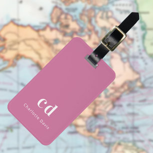 Pink white monogram initials luggage tag