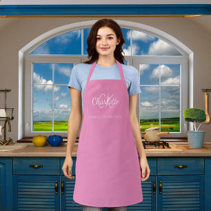 Pink white monogram name business apron