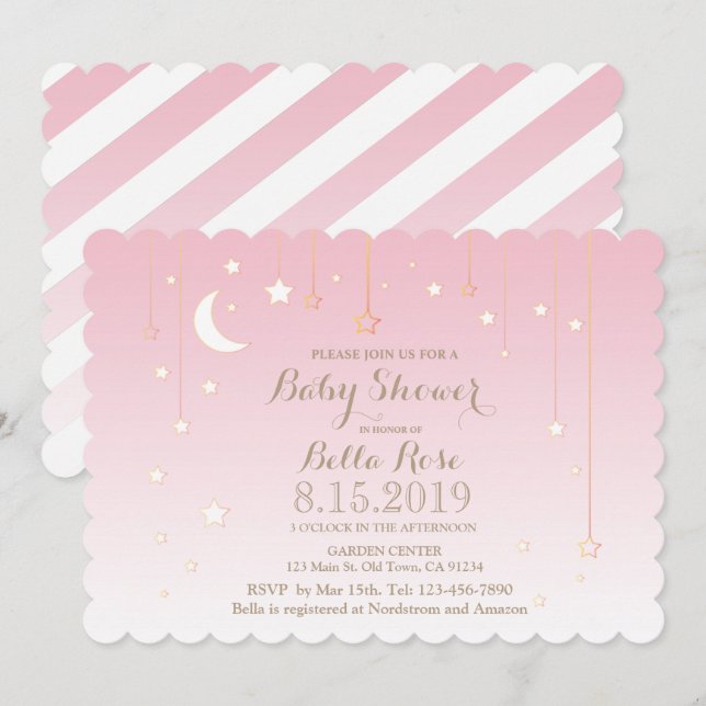 Pink White Moon Star Girl Baby Shower Invite (Front/Back)