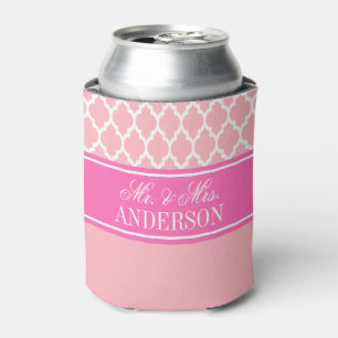 Pink White Moroccan #4 Hot Pink Name Wedding Can Cooler