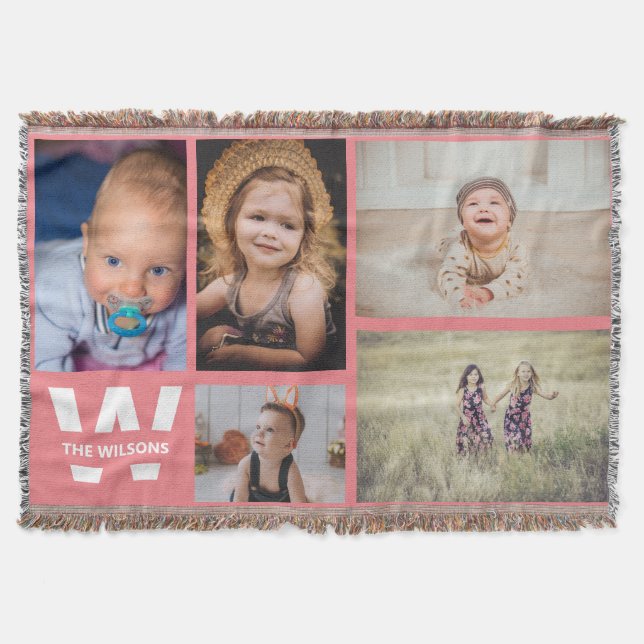 Pink White Multiple Photos Custom Monogram Throw Blanket (Front)