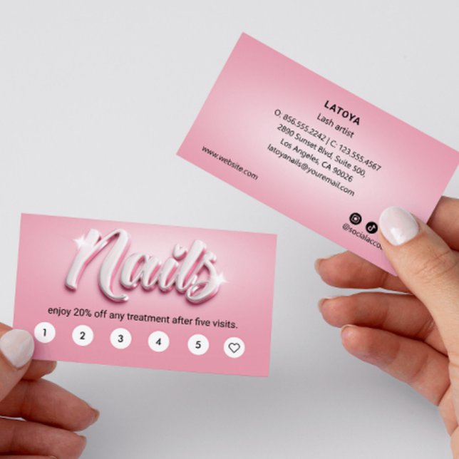 Pink & White Nail artist 3D TEXT 6 Punch Customer  Business Card (Creator Uploaded)
