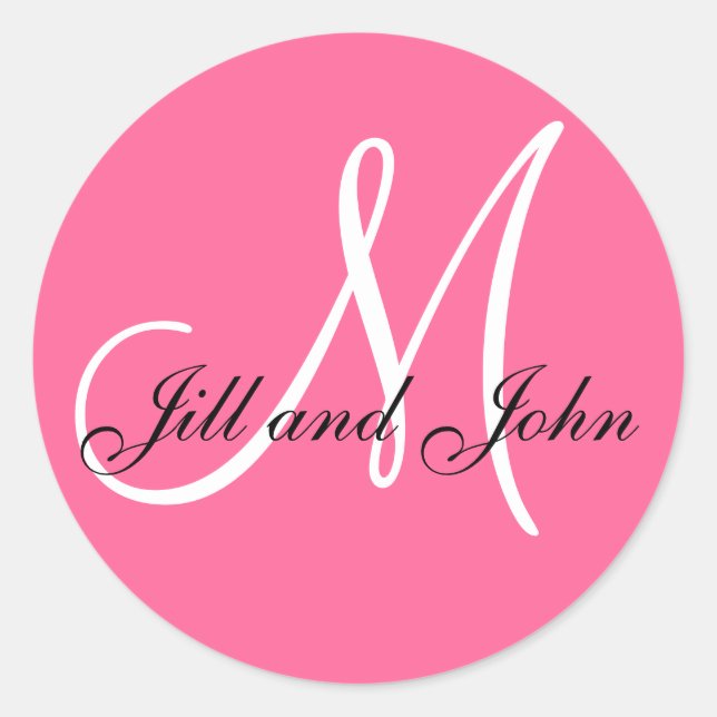 Pink White Names Monogram M Wedding Sticker (Front)