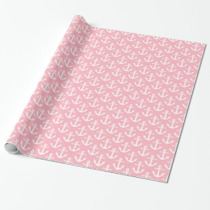 Pink White Nautical Anchors Pattern Wrapping Paper