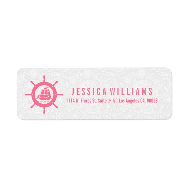 Pink & White Nautical Boat Wheel Return Address Label (Front)
