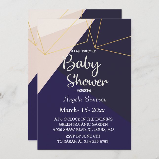 Pink white navy blue & gold geometric Baby Shower Invitation (Front/Back)