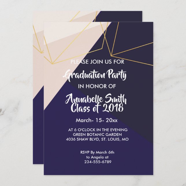 Pink white navy blue & gold geometric  Graduation Invitation (Front/Back)