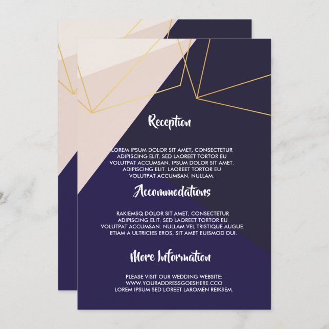 Pink white navy blue & gold geometric invitation (Front/Back)