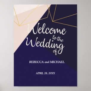 Pink white navy blue & gold geometric Wedding Poster