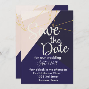 Pink white navy blue & gold geometricsave the date invitation