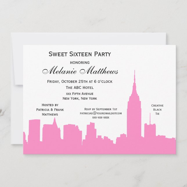 Pink White NYC Skyline Silhouette Sweet Sixteen Invitation (Front)