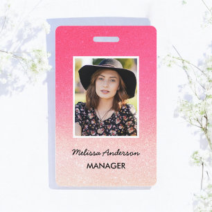 Pink White Ombre Glitter Staff Photo ID Badge