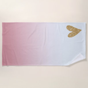 Pink White Ombre Gold Glitter Heart Beach Towel