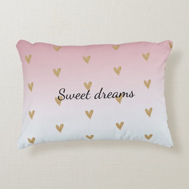 Pink White Ombre Gold Glitter Heart Decorative Cushion (Front)
