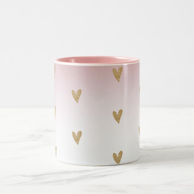Pink White Ombre Gold Glitter Heart Two-Tone Coffee Mug (Center)
