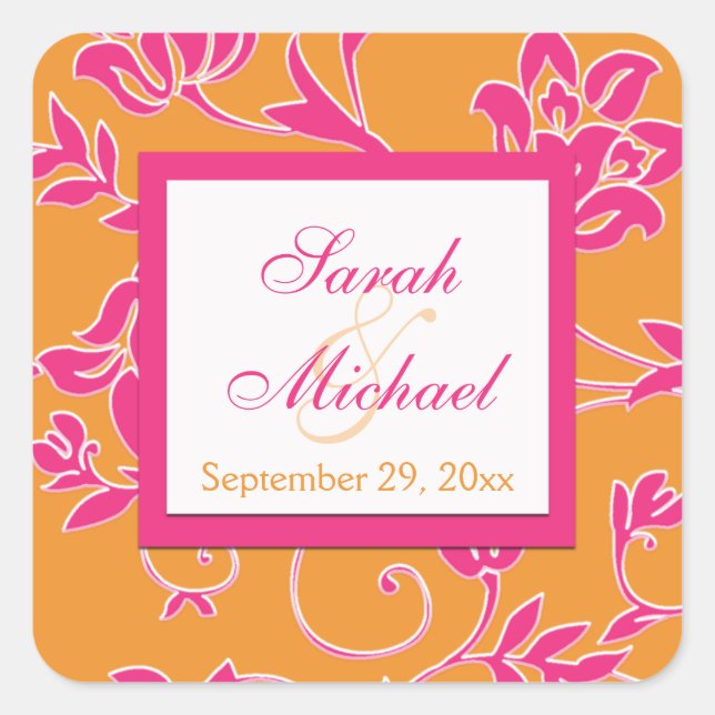 Pink, White, Orange 1.5" Square Wedding Sticker (Front)