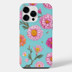 Pink white orange daisies botanical teal iPhone 14 pro max case