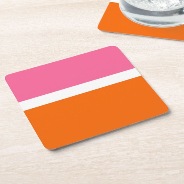 Pink White Orange Plain Colour Block Design  Square Paper Coaster (Creator Uploaded)