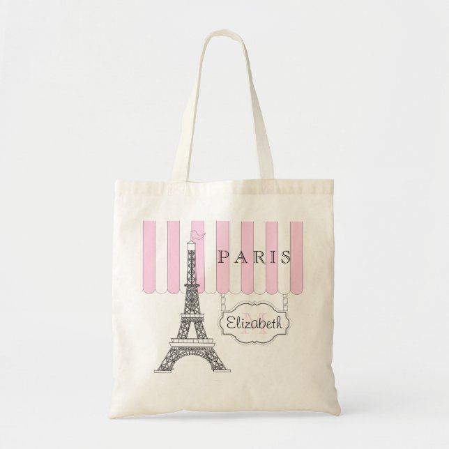 Pink | White Paris Eiffel Tower Monogram Name Tote Bag (Front)