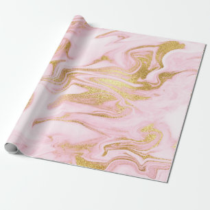 Pink White Pastel Marble Shiny Golden Brushes Wrapping Paper