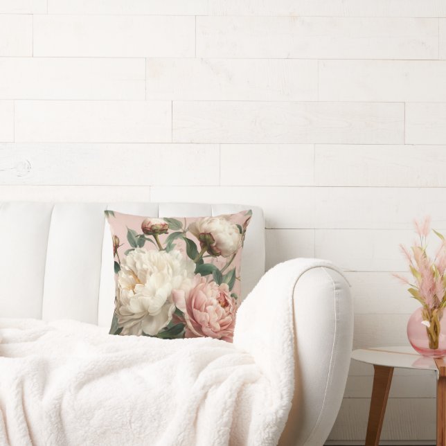 Pink & White Peonies Floral Elegant Cushion (Couch)