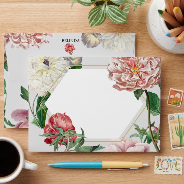 Pink White Peonies Flowers Wedding 5x7  Envelope (Desk)