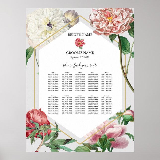 Pink White Peonies Flowers Wedding Seating Chart (Front)