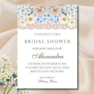 Pink White Peony Blue Hydrangea Bridal Shower Invitation