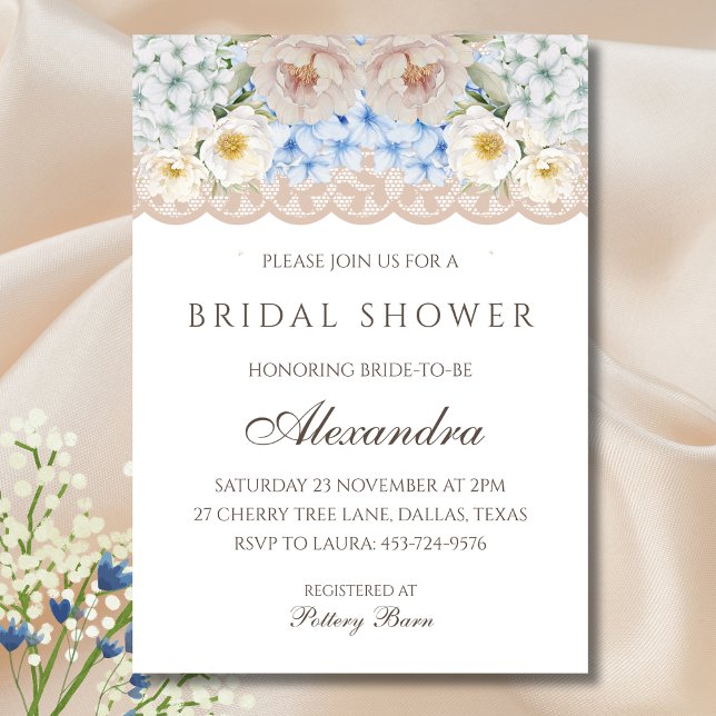 Pink White Peony Blue Hydrangea Bridal Shower Invitation (Creator Uploaded)