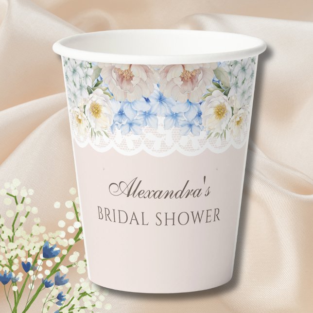 Pink White Peony Blue Hydrangea Bridal Shower Paper Cups (Creator Uploaded)