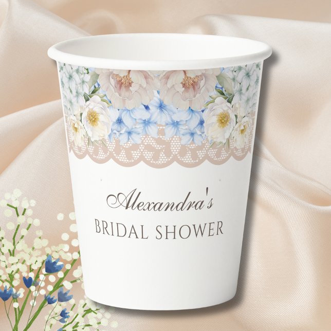 Pink White Peony Blue Hydrangea Bridal Shower Paper Cups (Creator Uploaded)