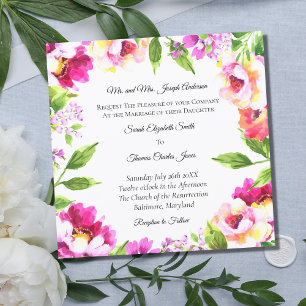 Pink White Peony Floral Greenery Elegant Wedding Invitation