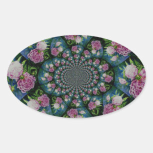 Pink white peony floral watercolor mandala oval sticker