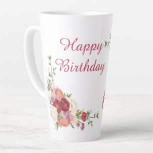 Pink White Peony Flower Happy Birthday Number  Latte Mug
