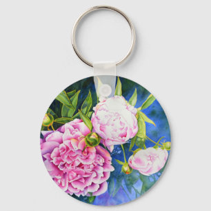 Pink white peony painting   romantic floral key ring