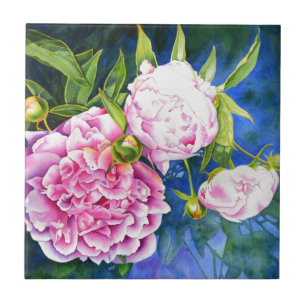 Pink white peony painting romantic floral tile