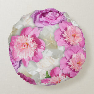 Pink White Peony Rose - Romantic Floral Round Cushion