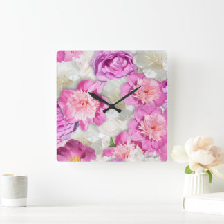 Pink White Peony Rose - Romantic Floral Square Wall Clock