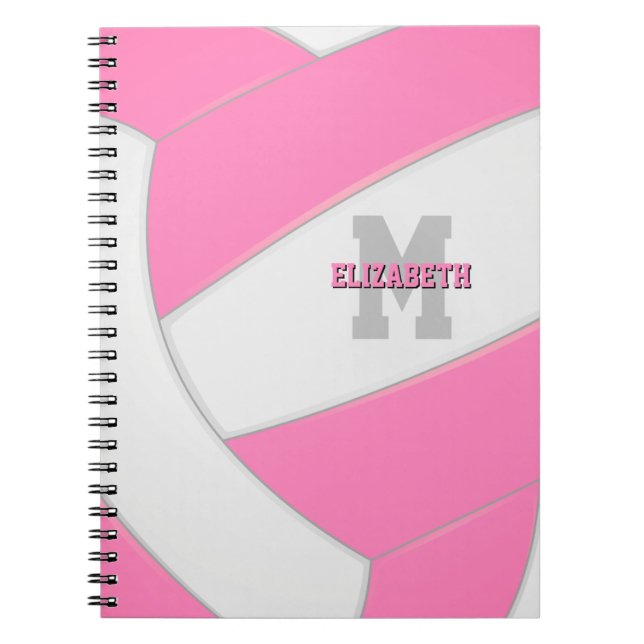 pink white personalised girls volleyball notebook (Front)