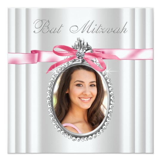 Pink White Photo Bat Mitzvah Card