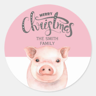 Pink White Pig Merry Christmas Family Name Classic Round Sticker