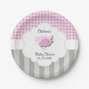Pink & White Plaid and Grey Stripes Baby Elephant Paper Plate