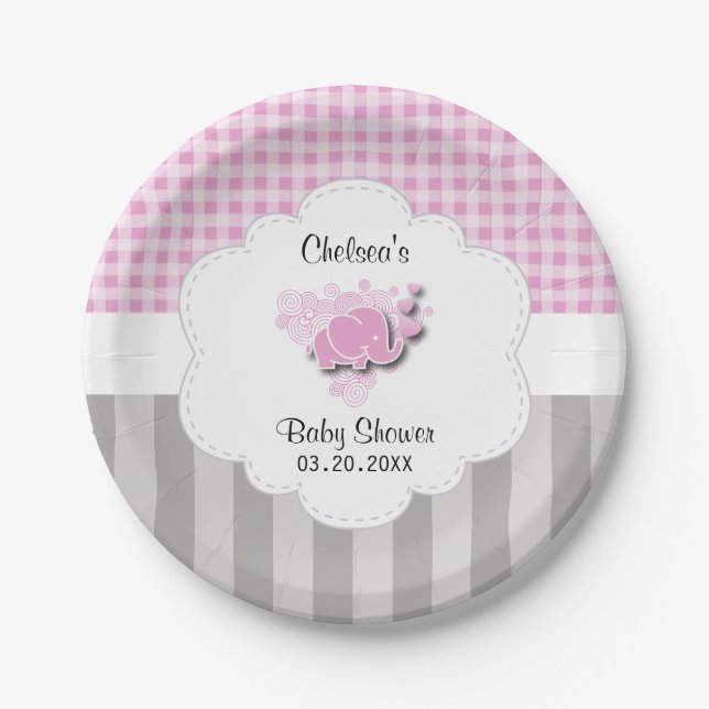Pink & White Plaid and Grey Stripes Baby Elephant Paper Plate (Front)