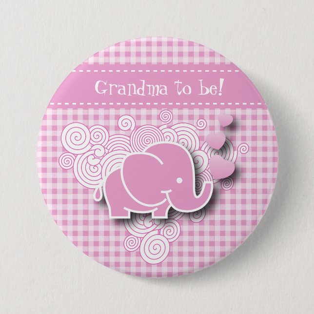 Pink & White Plaid Baby Elephant | DIY Text 7.5 Cm Round Badge (Front)