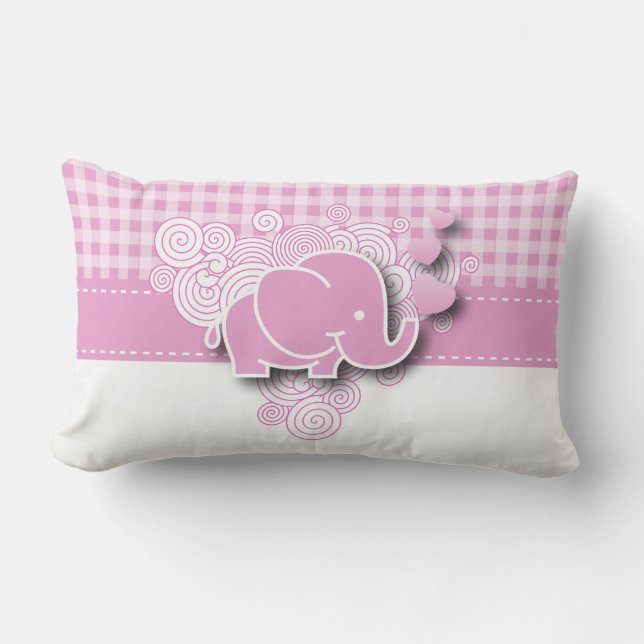 Pink & White Plaid Baby Elephant Lumbar Cushion (Front)