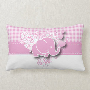 Pink & White Plaid Baby Elephant Lumbar Cushion