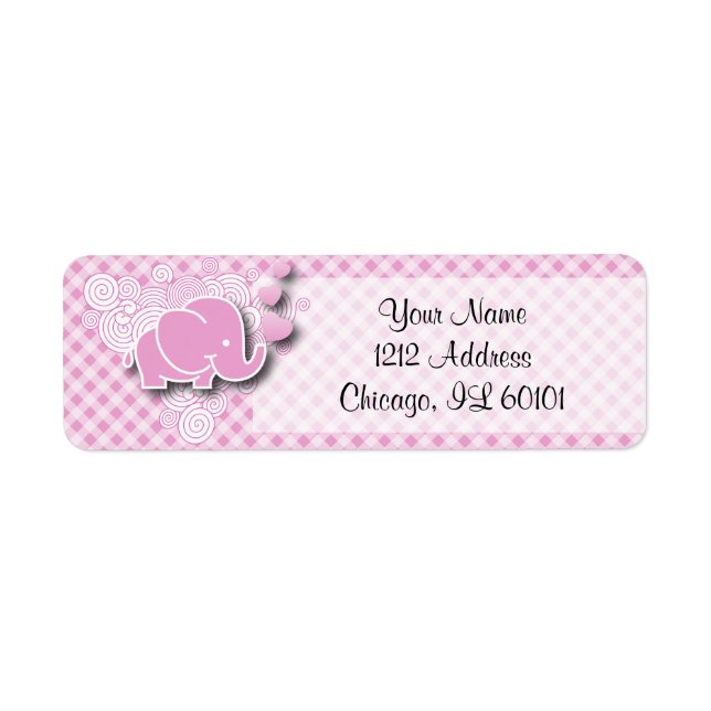 Pink & White Plaid Baby Elephant Return Address Label (Front)