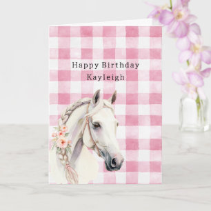 Pink White Plaid Stripes Birthday Card