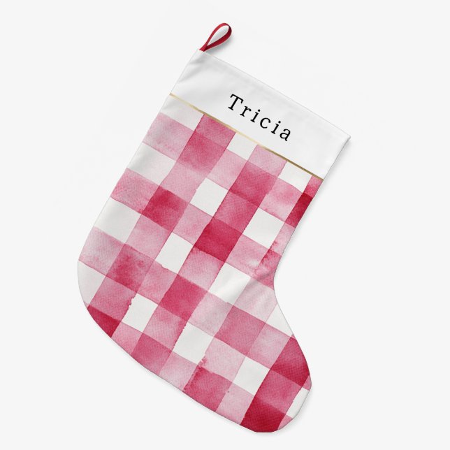 Pink White Plaid Stripes Christmas Large Christmas Stocking (Front (Hanging))